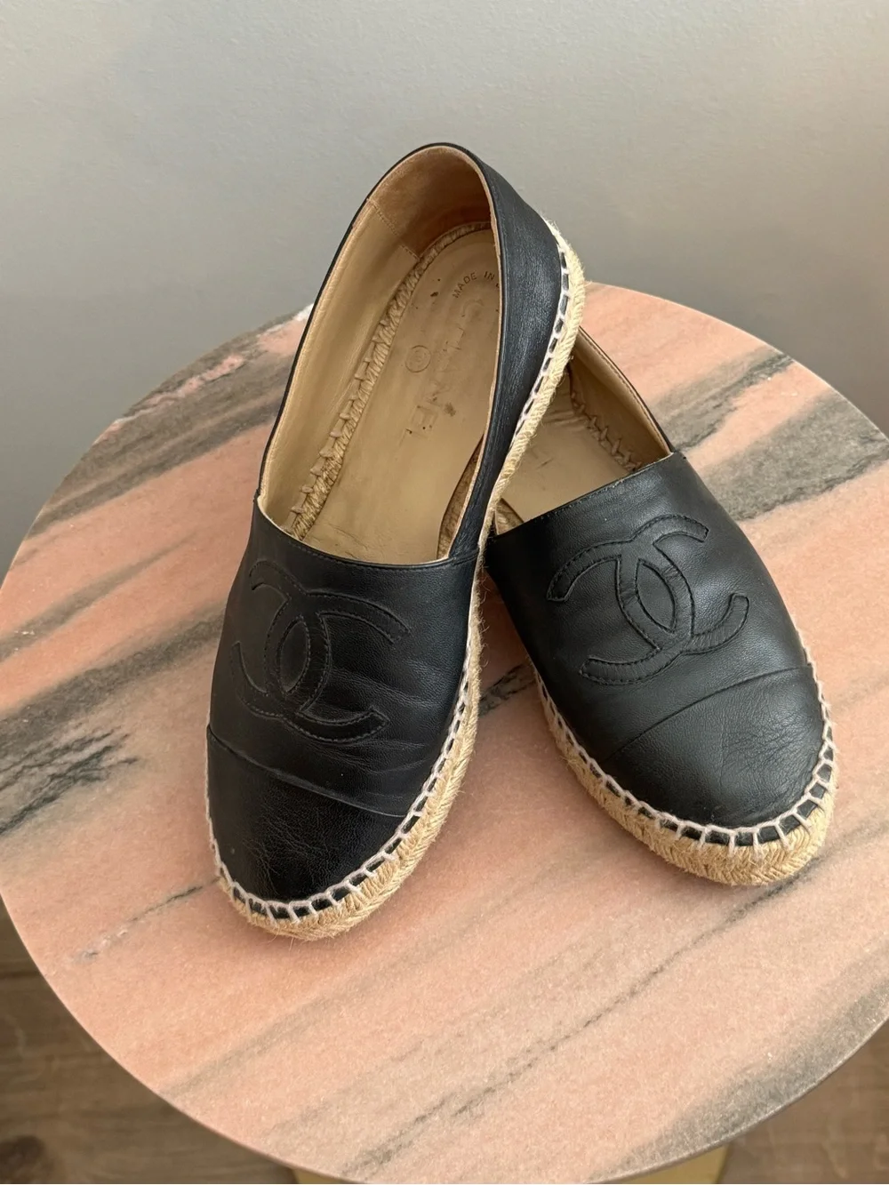 CHANEL Black Leather Espadrilles with CC Logo